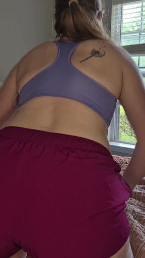 Gym short pull-down and pulsating booty and twat