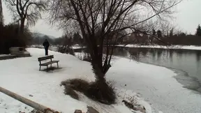 Man picks up blonde beauty for pussy licking and fucking in the snow