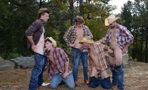 Strong men share limitless outdoor group orgy