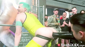 Axel Abysse endures while Yoshi Kawasaki uses heavy dildos to fuck him in fron