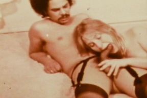 Stockinged Blonde Worships Mustached Stud in Red-tinted Vintage Trio