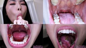 Tomomi Okanishi - Showing inside cute girl's mouth, chewing gummy candys, sucking fingers, licking and sucking human doll, and chewing dried sardines - 1080p