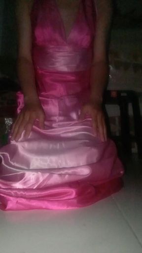 Masturbation Cum Wearing Satin Pink Shiny and Slippery Long Gown