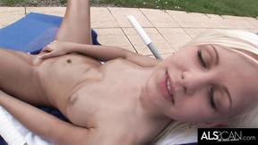”Satisfying Blonde Masturbates Poolside with Two Toys”