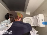 Hung black stud fucks the wet, gaping ass of a bi muscle dude in a filthy public toilet