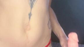 Sexy tattooed white girl masturbating in sexy red lingerie