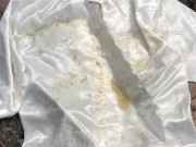 Peeing on a white satin blouse and cumming