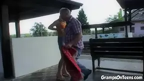 Busty teen 18+ fucks old man in public station