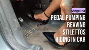 Woman in stiletto heels and pantyhose pumping racing pedals (1C)