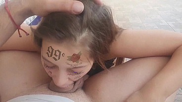Blonde tatoo girl sucking cock
