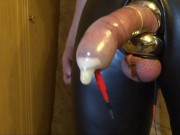E-stim precum and cum collecting in a condom