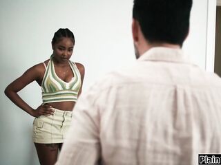 Stepdad caught a glimpse of his black stepdaughter Destiny Mira naked on the nannycam.This babe catches him with a camera in her room and makes him lick her