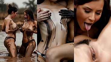 Lesbians fight and lick in the mud - AI Generated