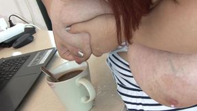 Huge Tits Babe Milking Her Tits Milk to the Coffee