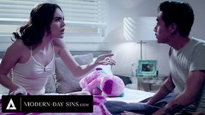 Sneaky teen gives fast handjob and rides cock in stepsister's room