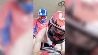 Motorcyclist poked a boy in mxhelmet