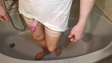 Sissy Slut Takes a bath in White Erotic Ladies Lingerie and then Ejaculates in Nylons