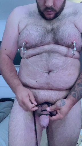 Cock and Ball Bondage with Nipple Clamps and Butt Plug