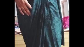 Indian Gay Crossdresser Bottom Gaurisissy playing and pressing her big boobs in Black Saree real xxx sex