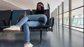 risky wetting jeans in airport public pee desperation
