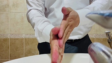 A bathroom hot cumshot momentum of asian guy after pissing