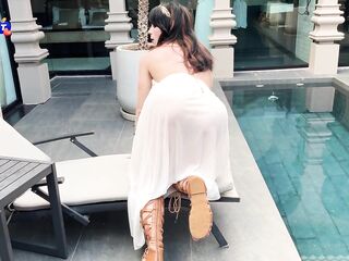 Greek Bitch goddess Award - Deepthroat and Vehement Screwing untill Creampie by the Pool - Sweetie Fox