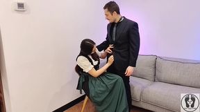 ana spears jerks off her boss s dick cum on dirndl apron