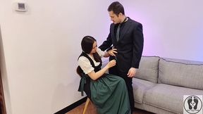 ana spears jerks off her boss s dick cum on dirndl apron