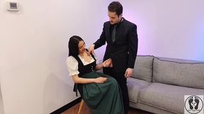 ana spears jerks off her boss s dick cum on dirndl apron