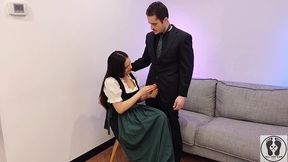 ana spears jerks off her boss s dick cum on dirndl apron