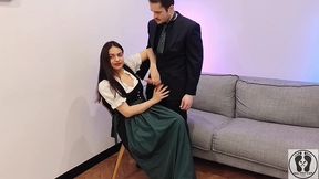 ana spears jerks off her boss s dick cum on dirndl apron