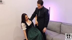 ana spears jerks off her boss s dick cum on dirndl apron