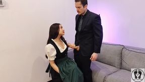 ana spears jerks off her boss s dick cum on dirndl apron