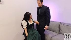 ana spears jerks off her boss s dick cum on dirndl apron