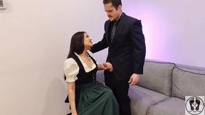 ana spears jerks off her boss s dick cum on dirndl apron