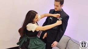 ana spears jerks off her boss s dick cum on dirndl apron