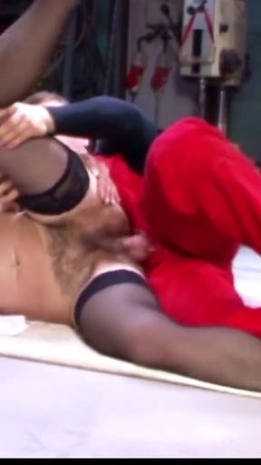 German milf with extremely hairy pussy fucks with trainee in the workshop