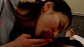 Skinny Japanese teen girlfriend trying to look sexy while blowing my dick