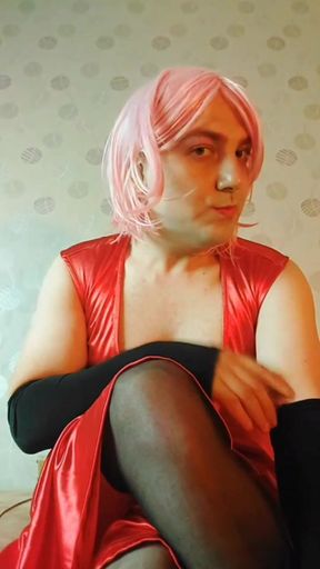 Red Dressed Sexy Cute Young Femboy With Pretty Boobs