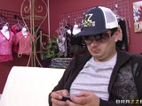 Busty lady, Angelica Taylor is having sex in a local shop, with a guy she just met