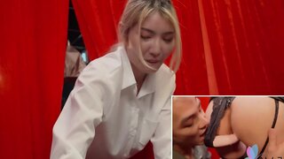 Lingerie wearing Asian stunner enjoying a huge dildo inside