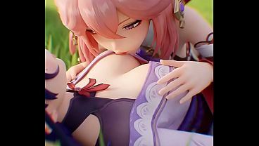Yae miko x Raiden Shogun lesbian (Genshin impact / AI generated )