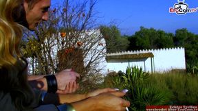 Spanish blonde seduces a homeless guy to have sex in the garden of her house