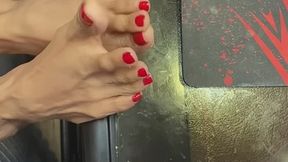 Melove sexy red nail polish showing her sexy small Asian Feet