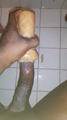 Blackguy jerking off and fucking tite fake Pussy