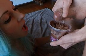 Cute Girl Eat pudding with sperm