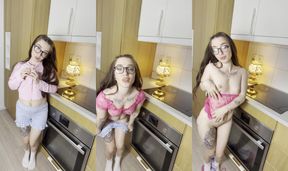 Slow striptease in the kitchen… taking everything off right on the counter