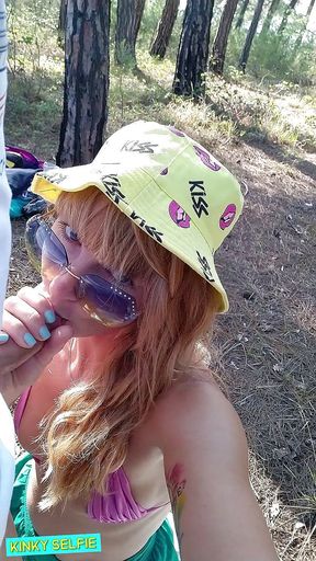 Kinky selfie - quick fuck in the forest. Blowjob, ass licking, doggy style, cum on face. Outdoor sex