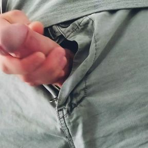 Masturbation - pre-cum and sperm. Orgasm in shorts at work.