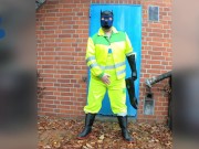 hiviz workie pup pawing off outdoors
